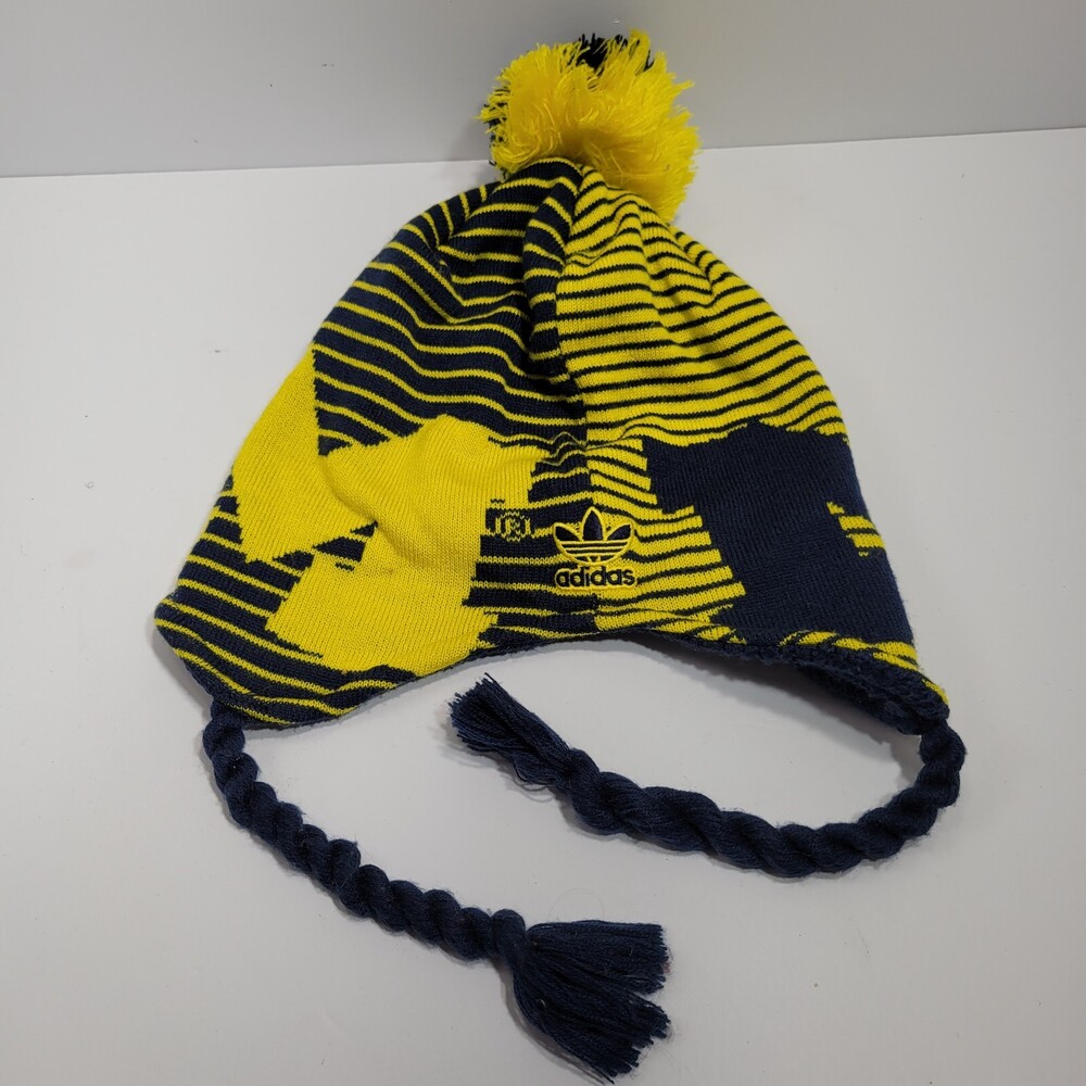 adidas Beanie Hat Yellow Navy Striped Knitted Fringe OSFM Spell Out Logo Adult